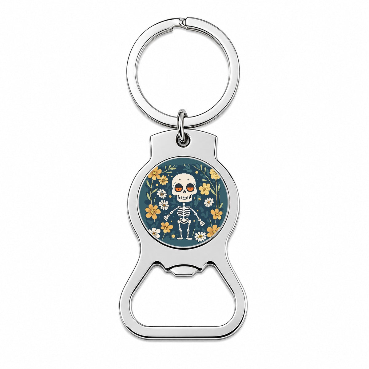Skeleton and Flowers Funny Halloween Bottle Opener Keychain