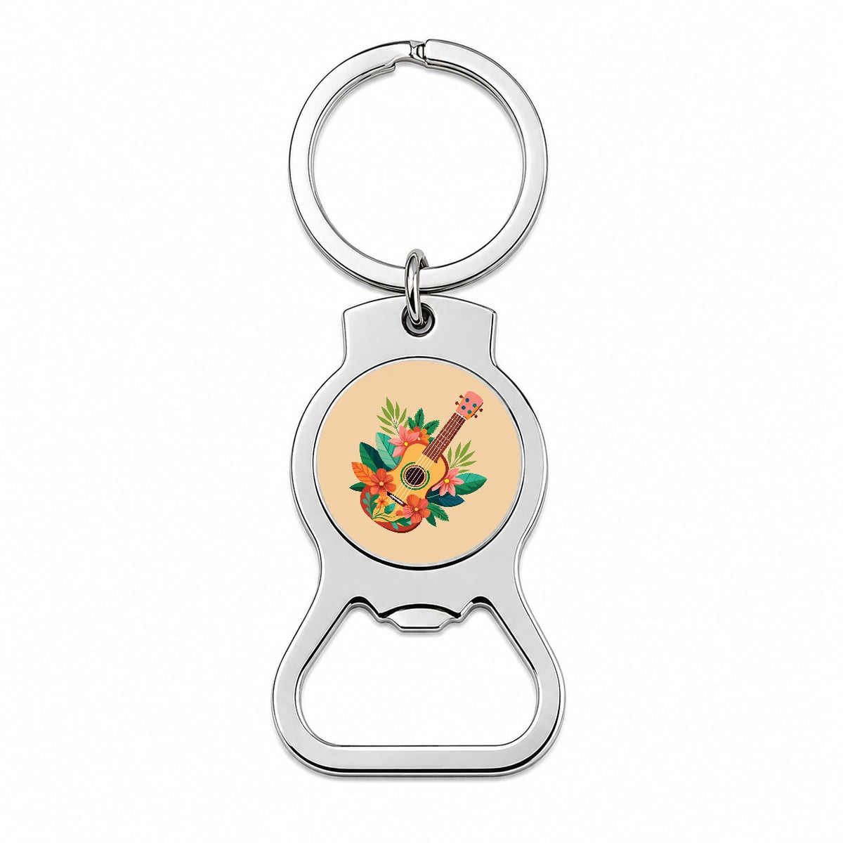 Ukulele Music Tropical Floral Motif Bottle Opener Keychain