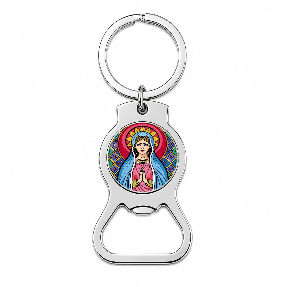 Virgin Mary Stained Glass Christian Religious Catholic Bottle Opener Keychain