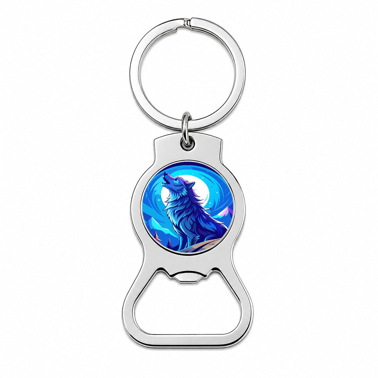 Wolf Howling at Blue Moon Bottle Opener Keychain
