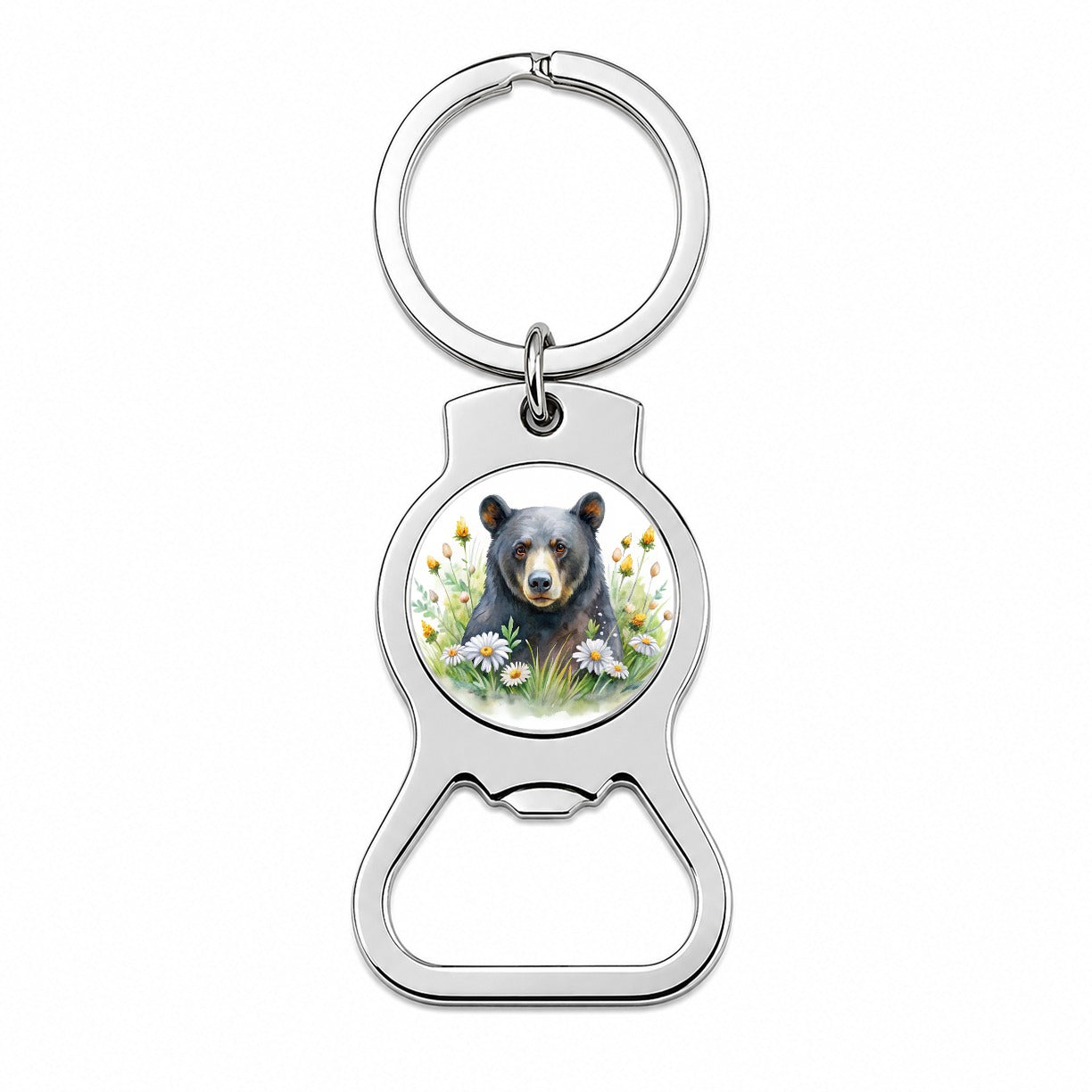 Black Bear Watercolor Design With Daisies Bottle Opener Keychain