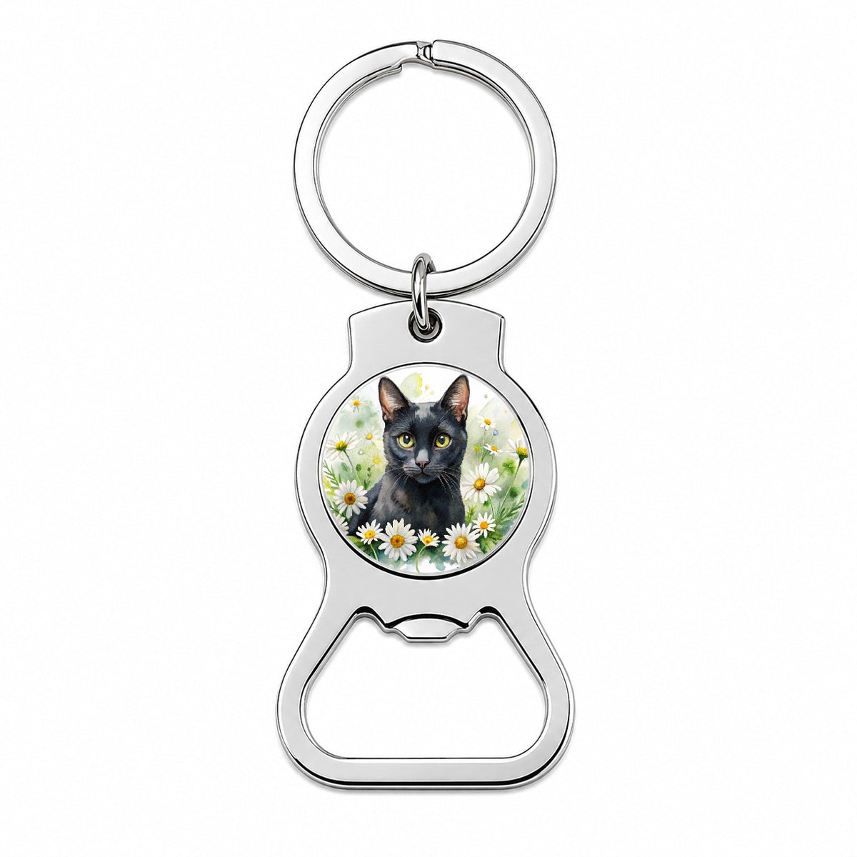 Black Cat Watercolor Design With Daisies Bottle Opener Keychain