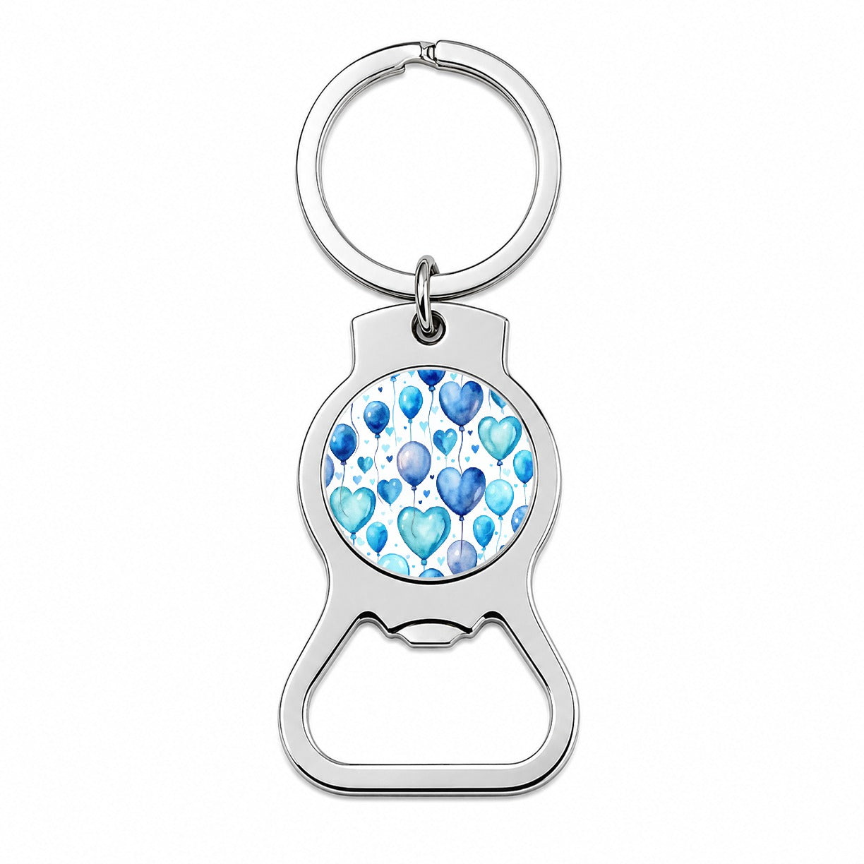 Blue Balloons Hearts Watercolor Birthday Bottle Opener Keychain