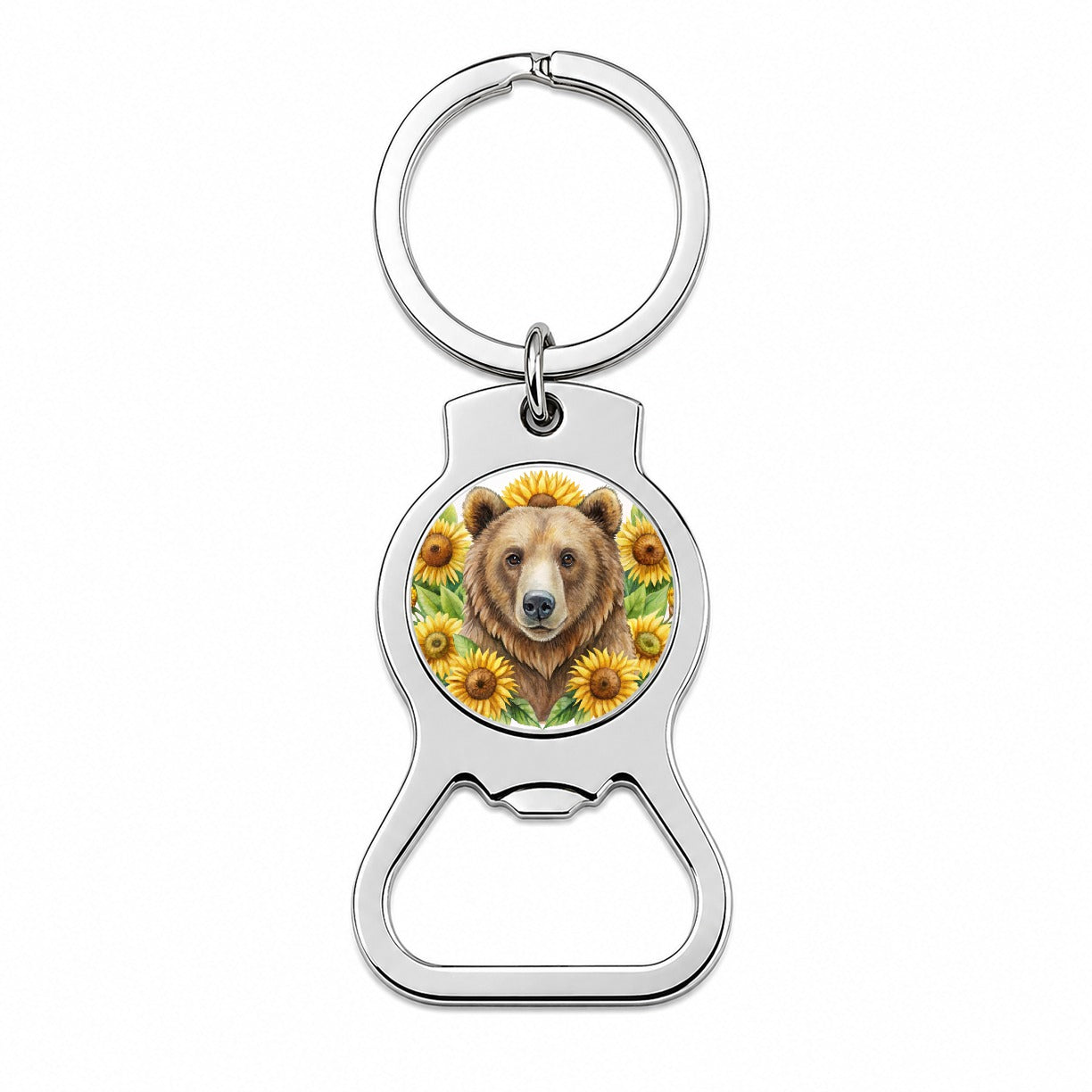Brown Bear Watercolor Design With Sunflowers Bottle Opener Keychain