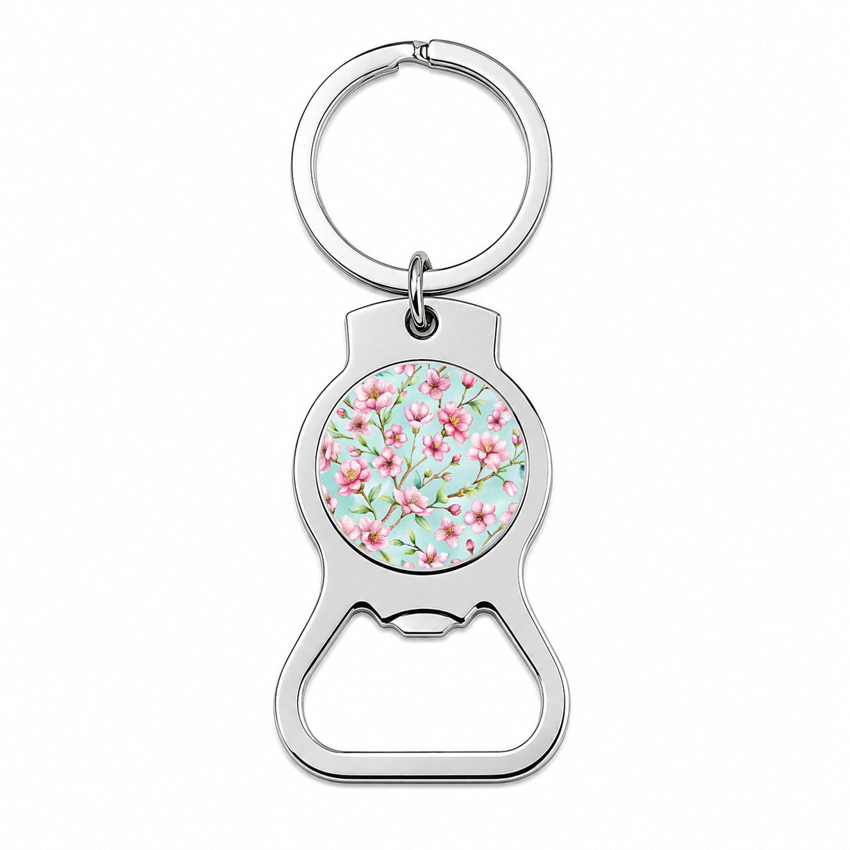 Cherry Blossom Flowers Light Blue Bottle Opener Keychain