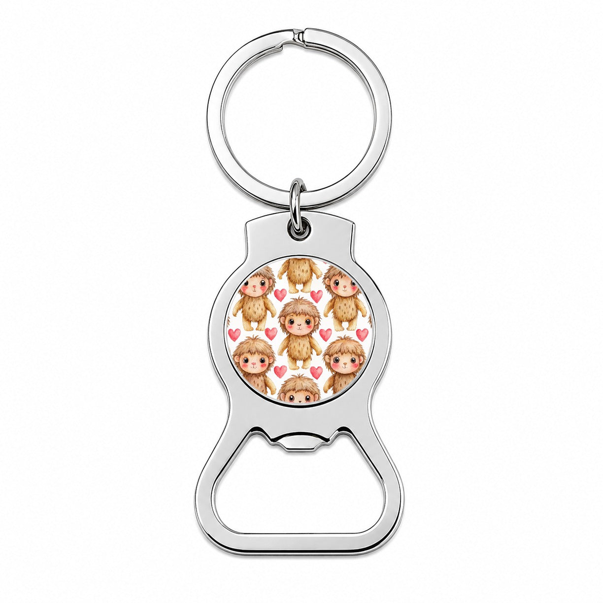 Chibi Sasquatch Big Foot Hearts Watercolor Bottle Opener Keychain