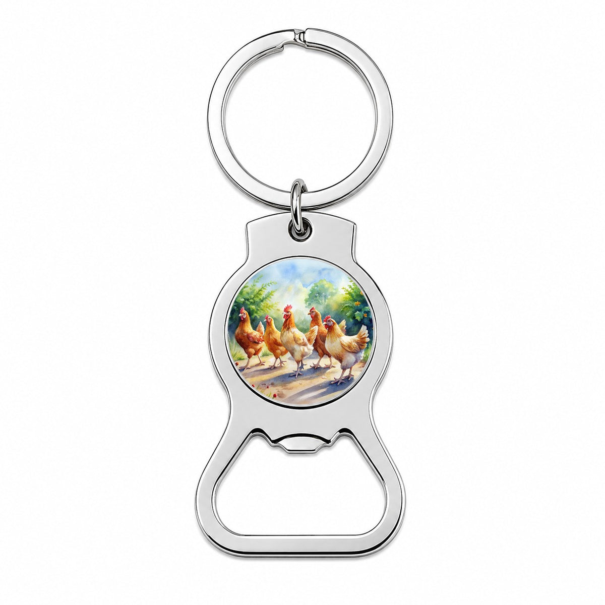 Chickens Walking Around Watercolor Bottle Opener Keychain