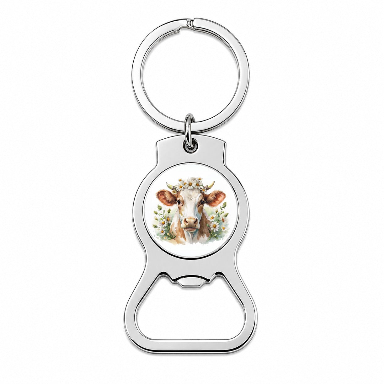 Cow Watercolor With Daisies Bottle Opener Keychain
