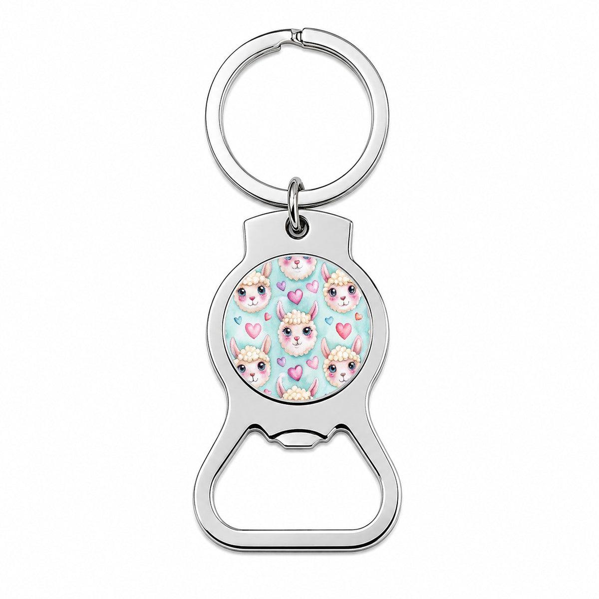 Cute Llama Faces Hearts Watercolor Bottle Opener Keychain