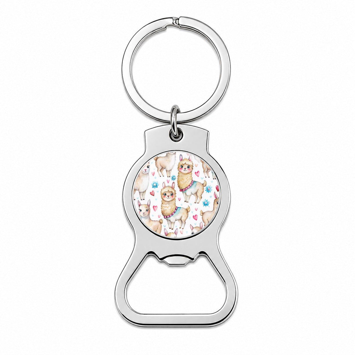Cute Llamas Hearts Watercolor Bottle Opener Keychain