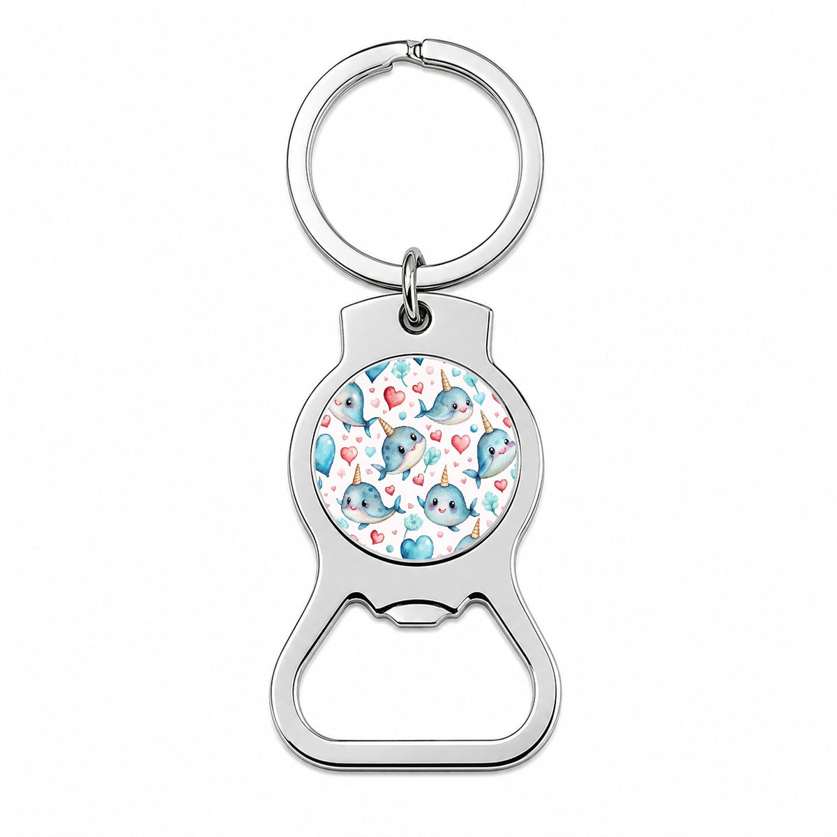 Cute Narwhals Hearts Watercolor Bottle Opener Keychain