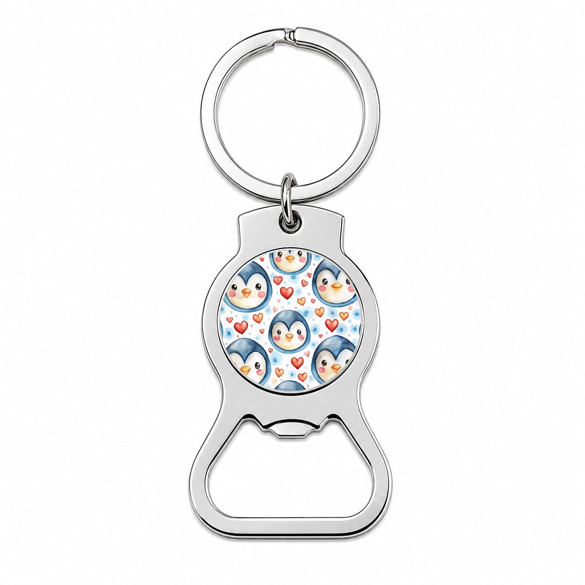 Cute Penguin Faces Hearts Watercolor Bottle Opener Keychain
