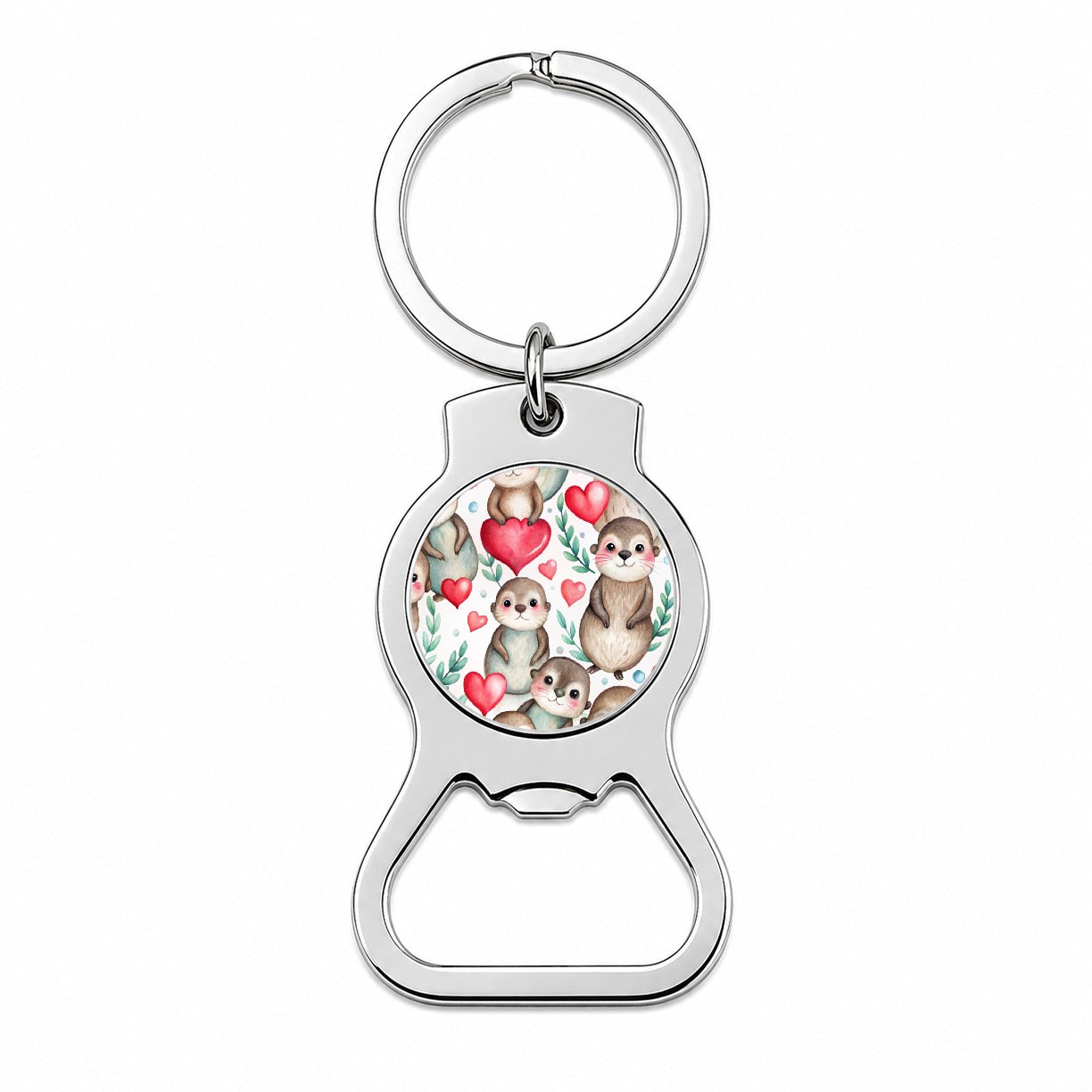 Cute River Otter Hearts Watercolor Bottle Opener Keychain