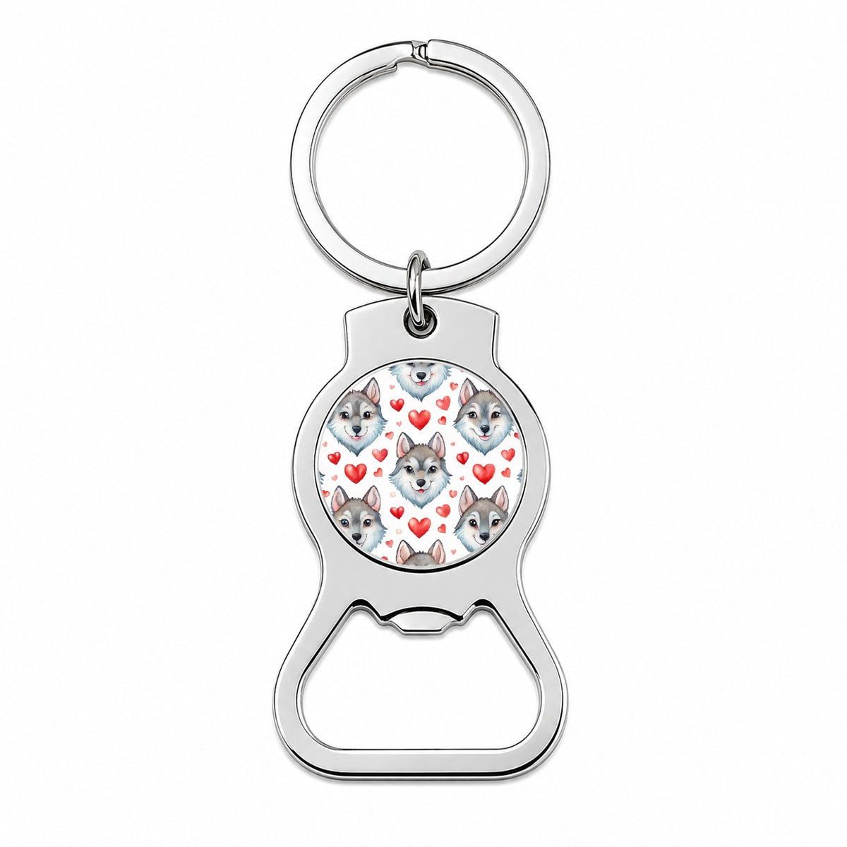 Cute Wolf Faces Hearts Watercolor Bottle Opener Keychain