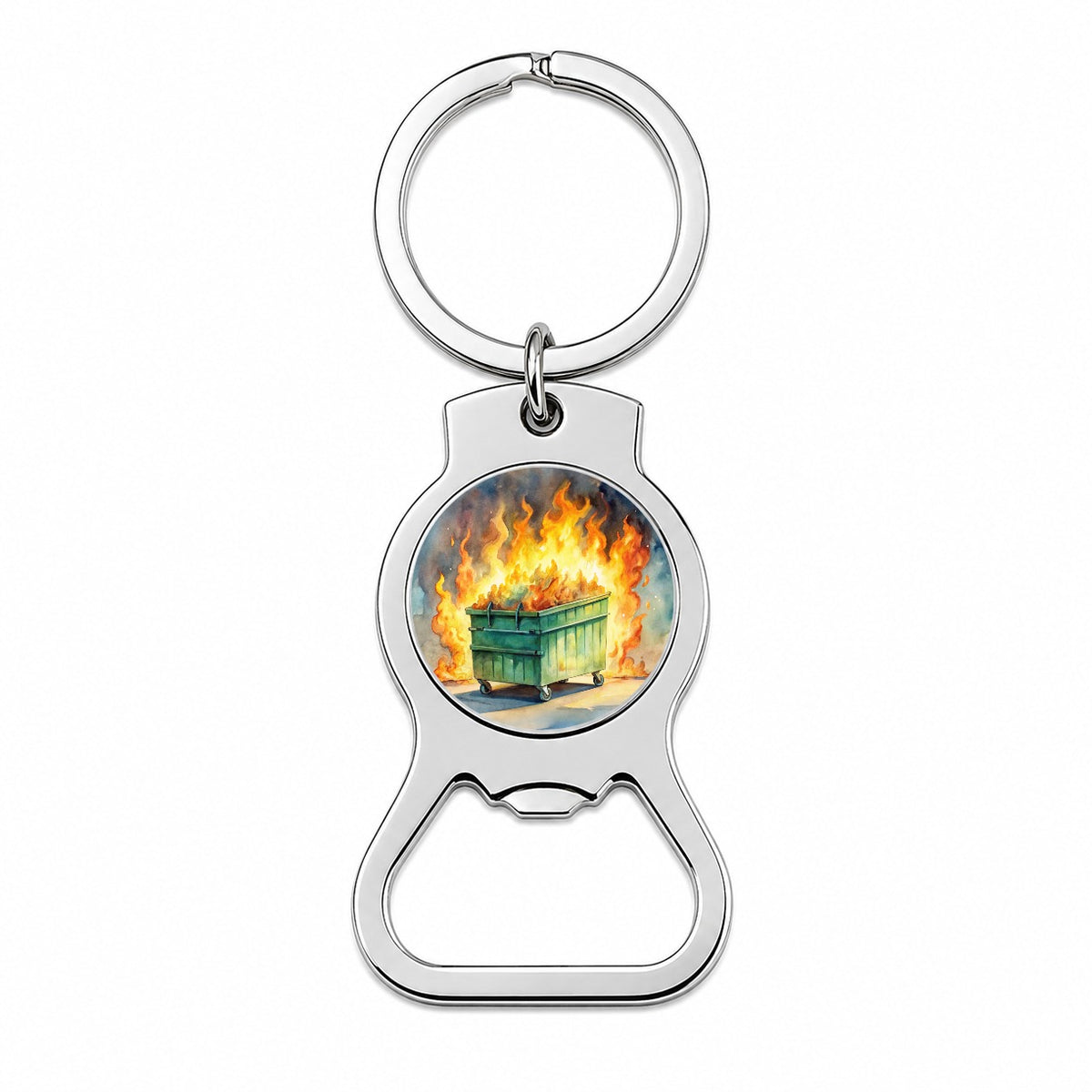Dumpster Fire Watercolor Trash Bottle Opener Keychain