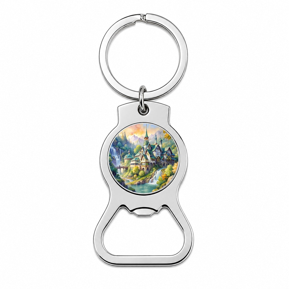 Elvish Elven Castle Fantasy Beautiful Watercolor Bottle Opener Keychain