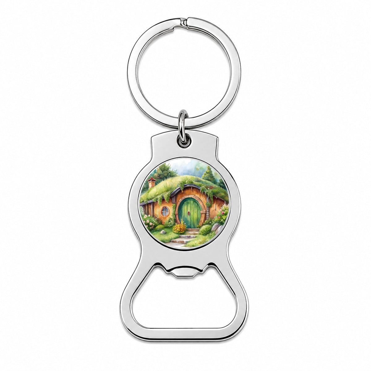 Fantasy House Grass Roof Watercolor Design Bottle Opener Keychain