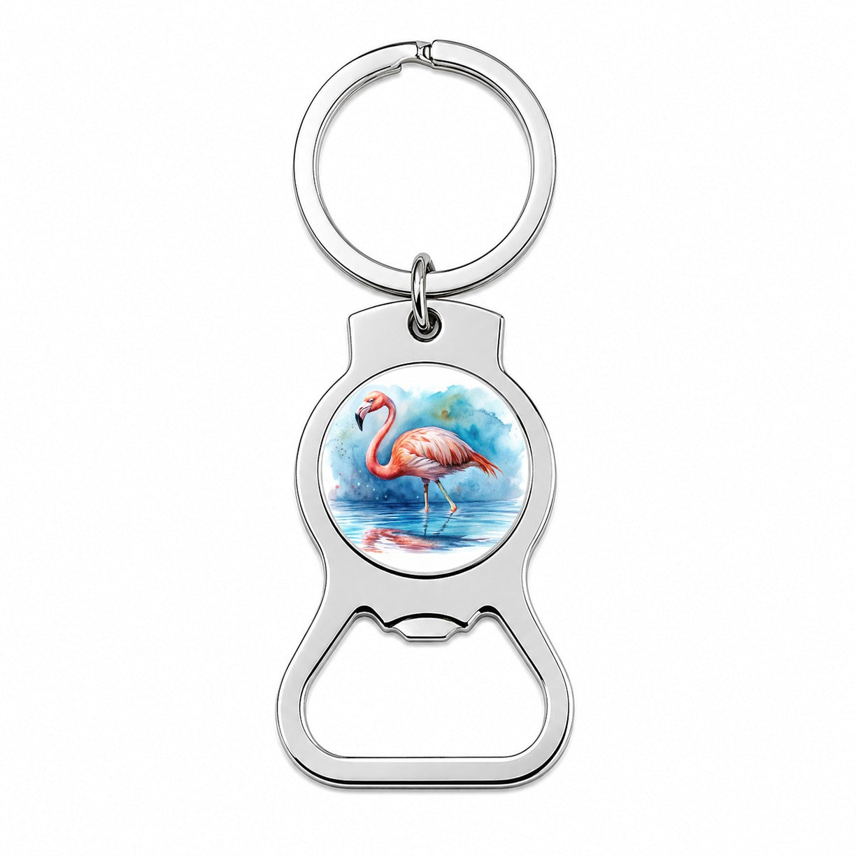 Flamingo Bird In Water Watercolor Bottle Opener Keychain