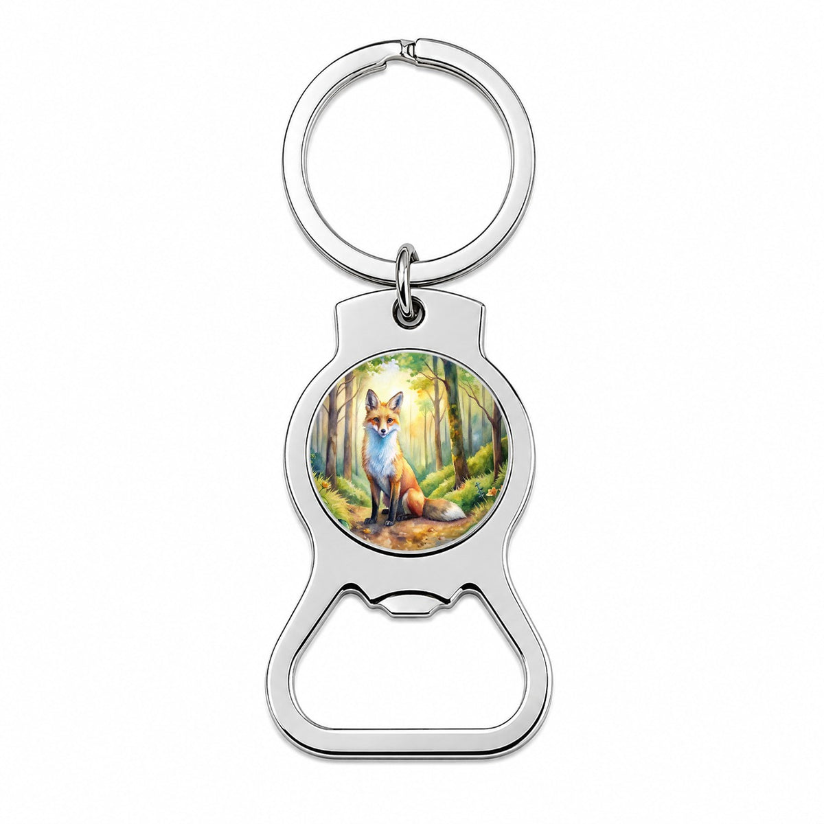 Fox Sitting In Forest Watercolor Bottle Opener Keychain