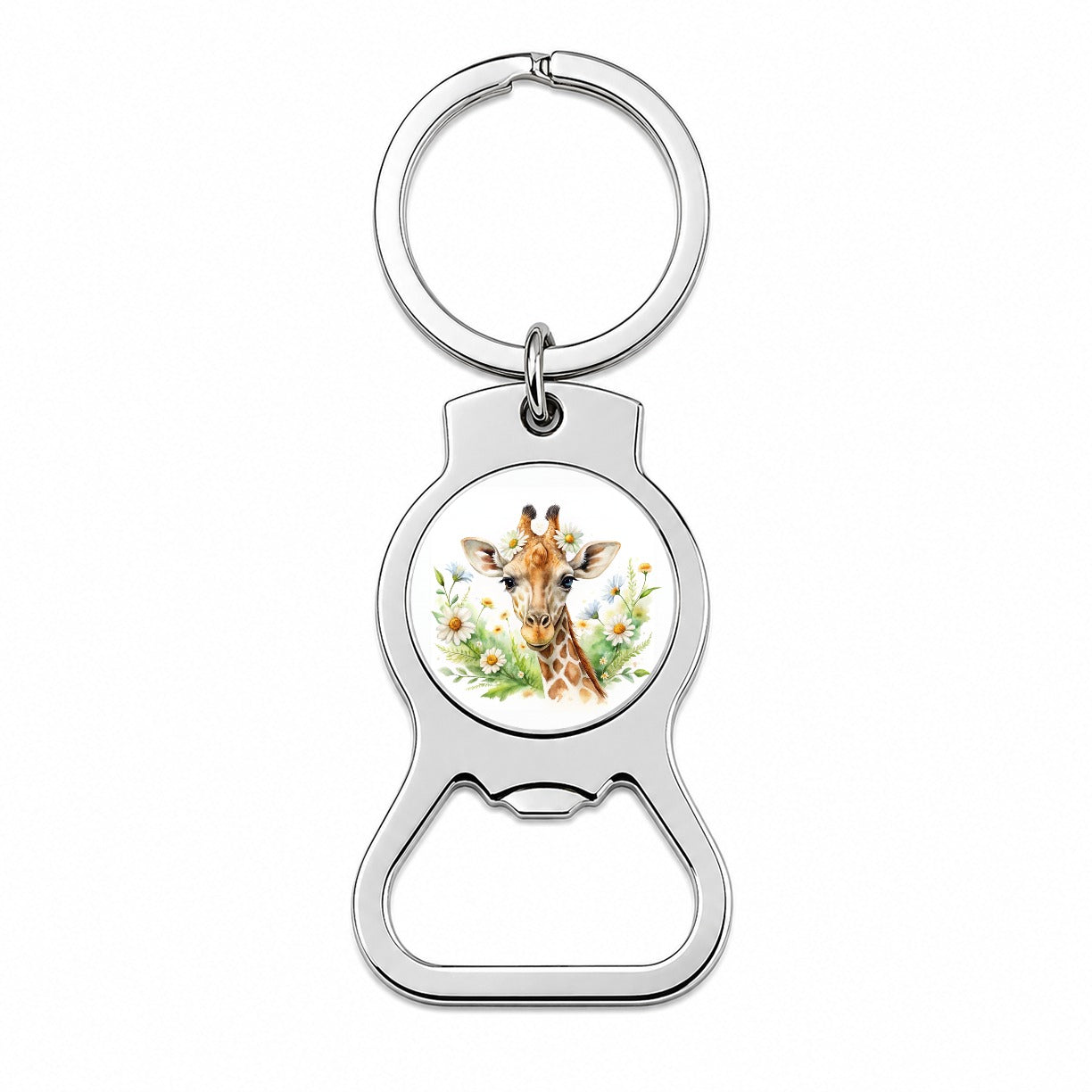 Giraffe Watercolor Design With Daisies Bottle Opener Keychain
