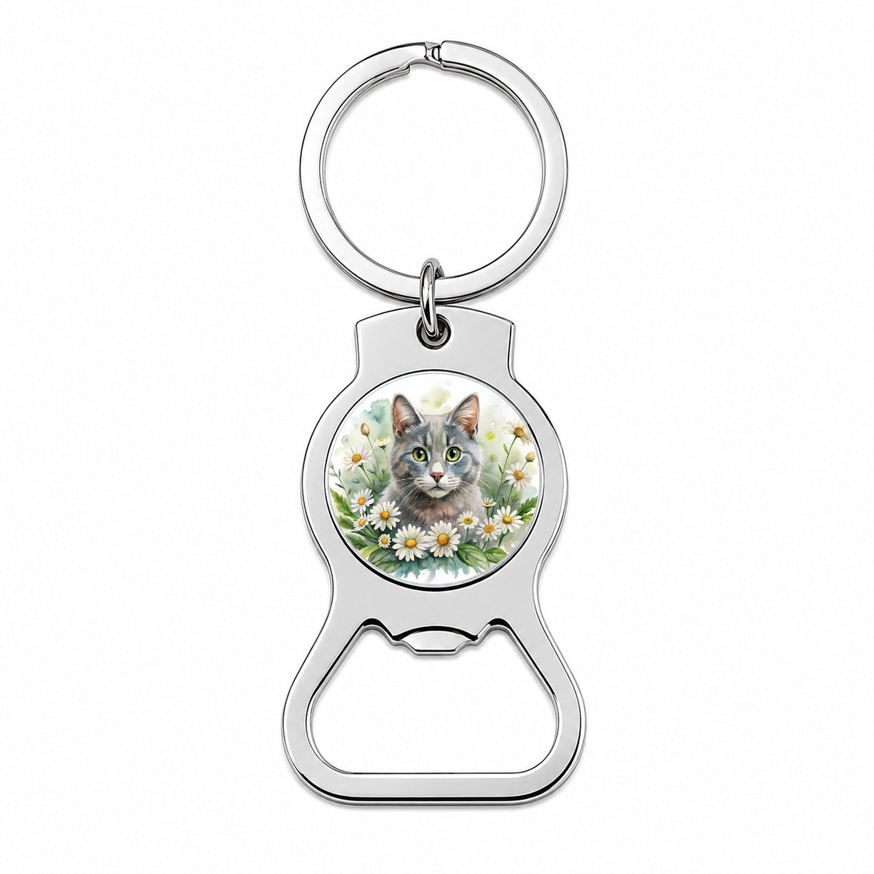 Gray Cat Watercolor Design With Daisies Bottle Opener Keychain