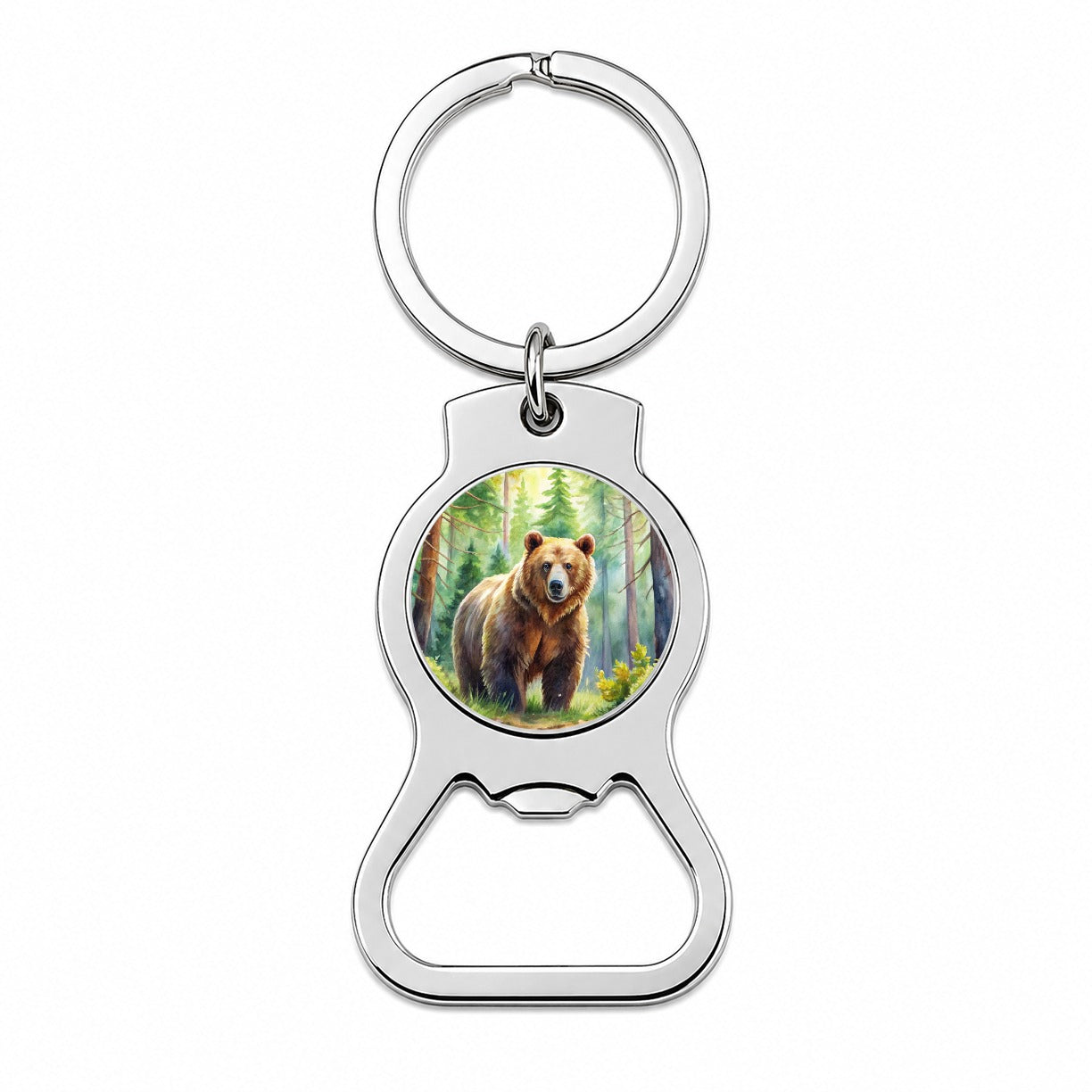Grizzly Bear In Forest Watercolor Bottle Opener Keychain