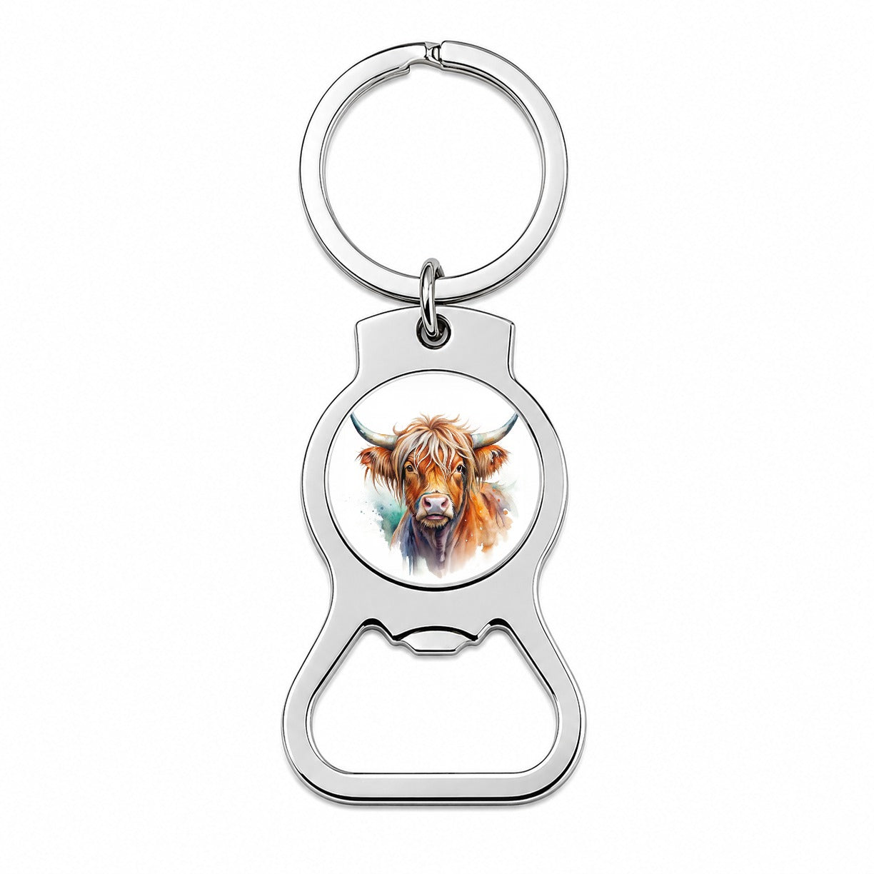 Highland Cow Watercolor Design Bottle Opener Keychain