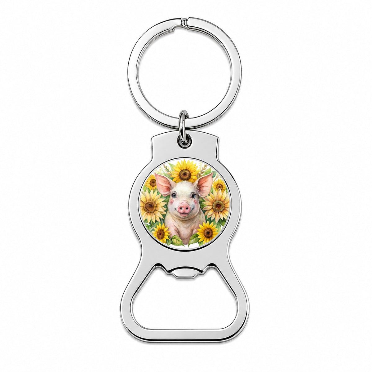Pig In Sunflowers Watercolor Design Bottle Opener Keychain