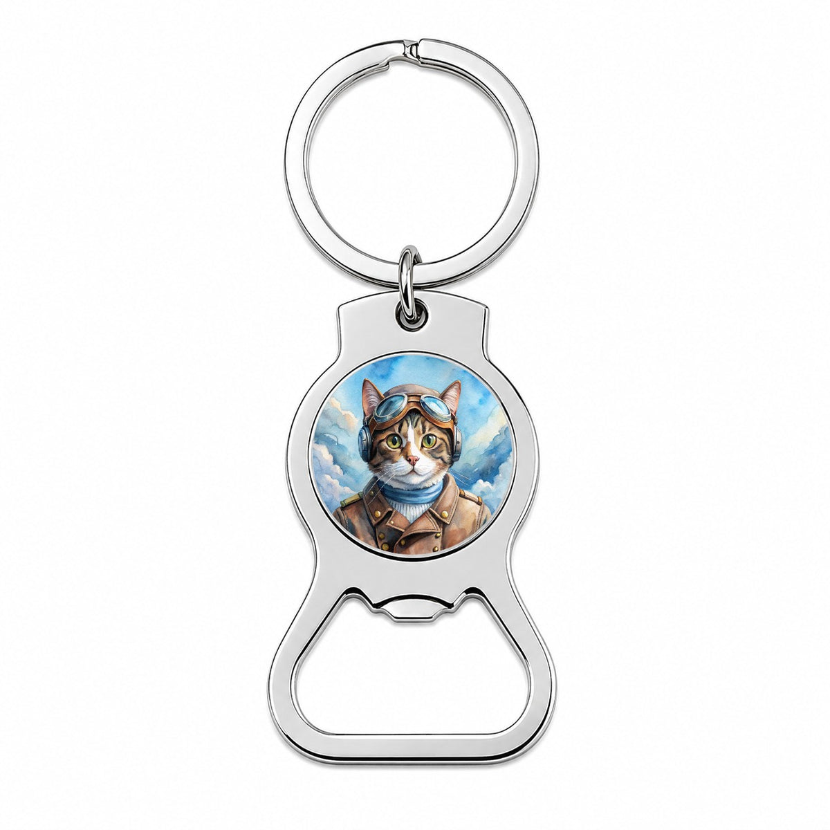 Pilot Cat Watercolor Bottle Opener Keychain