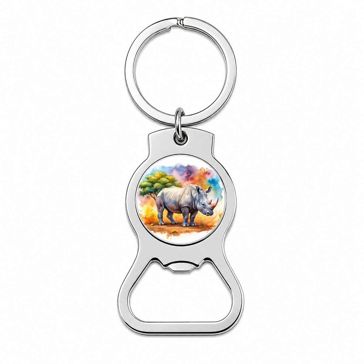 Rhinoceros African Plain Watercolor Design Bottle Opener Keychain