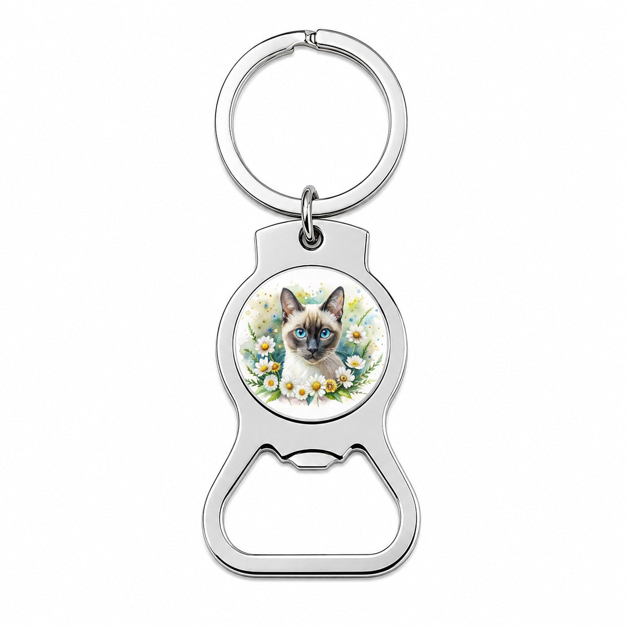 Siamese Cat Watercolor Design With Daisies Bottle Opener Keychain