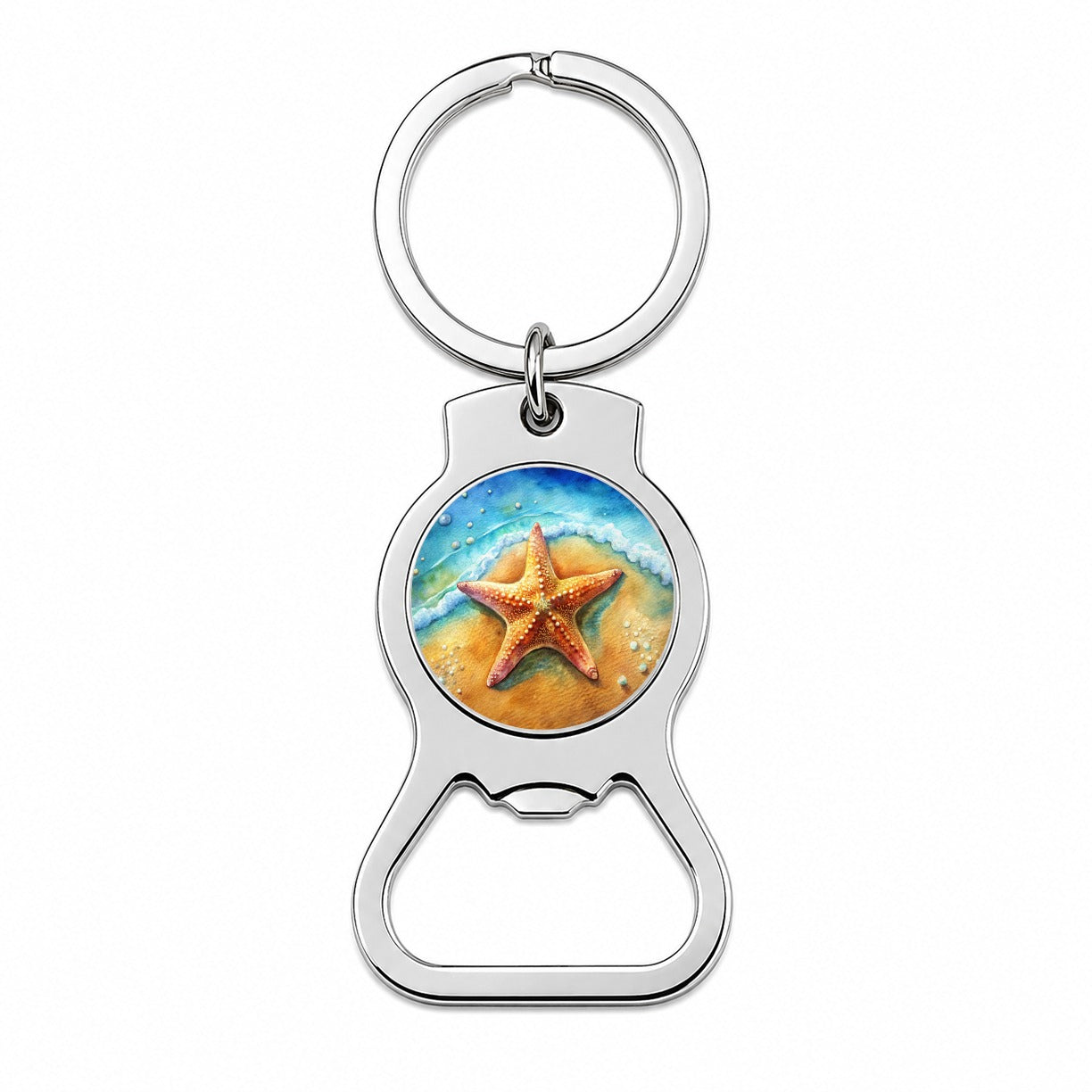 Starfish Sand Watercolor Design Bottle Opener Keychain