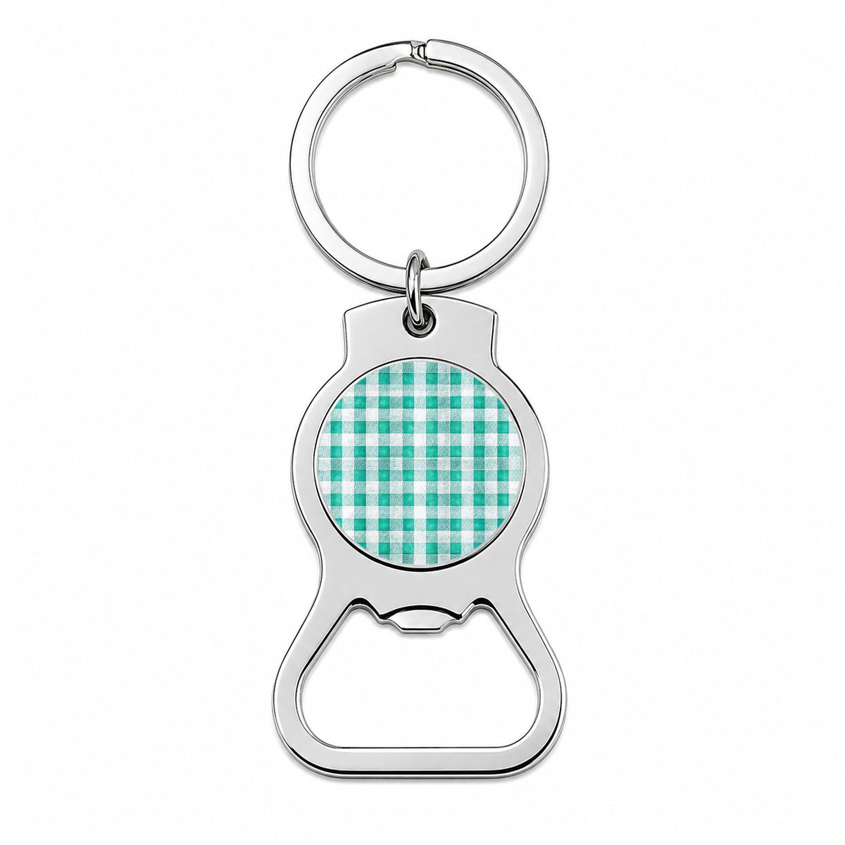 Teal White Gingham Watercolor Bottle Opener Keychain