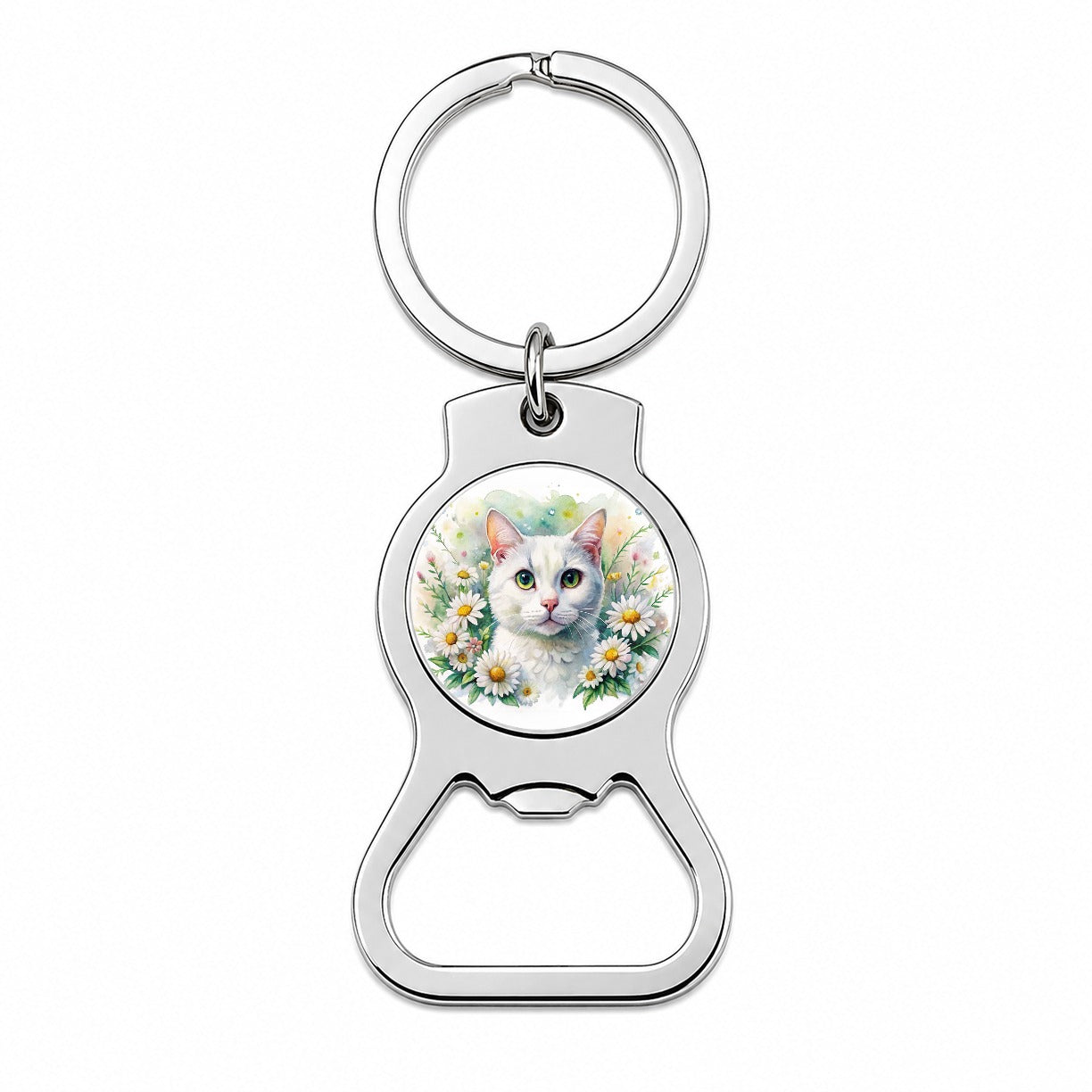 White Cat Watercolor Design With Daisies Bottle Opener Keychain