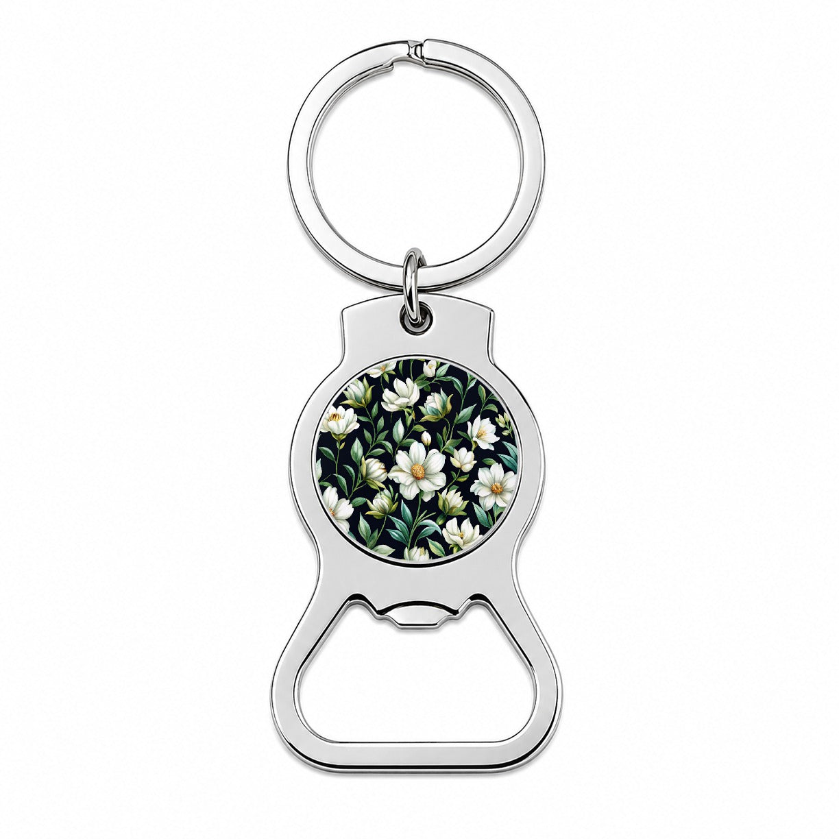 White Flowers Black Background Bottle Opener Keychain