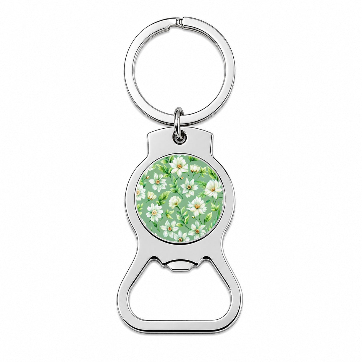White Flowers Green Background Bottle Opener Keychain