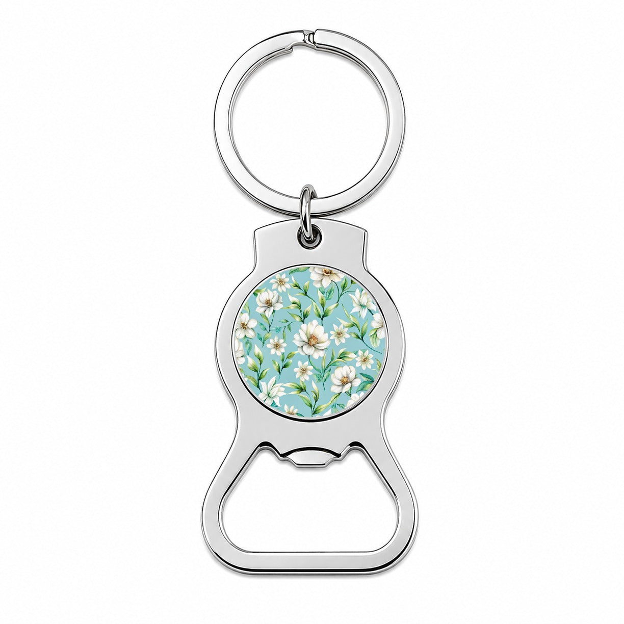 White Flowers Light Blue Background Bottle Opener Keychain