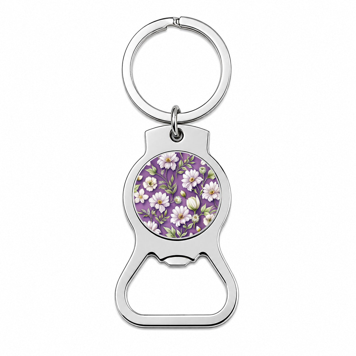 White Flowers Purple Background Bottle Opener Keychain