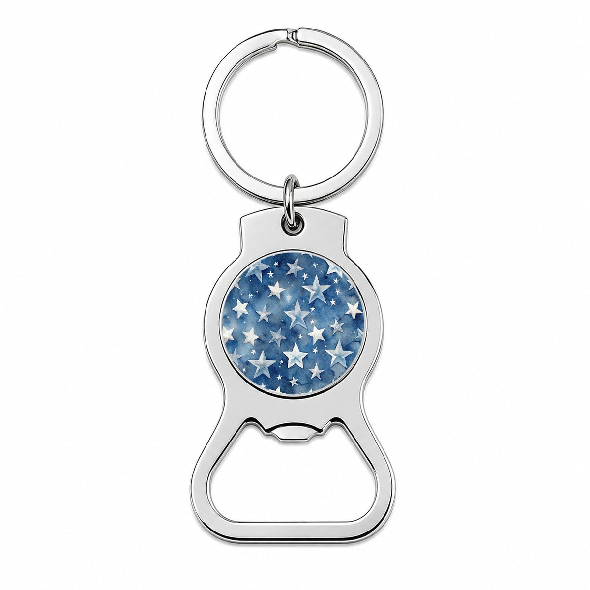 White Stars Blue Background Watercolor Bottle Opener Keychain
