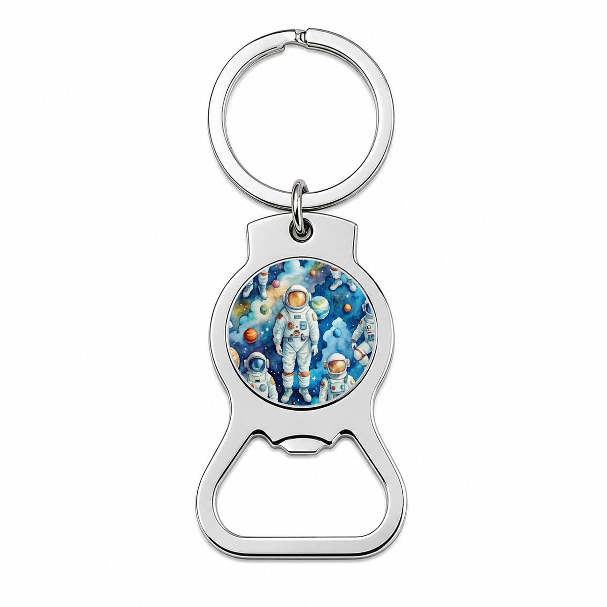 Astronauts In Space Watercolor Bottle Opener Keychain