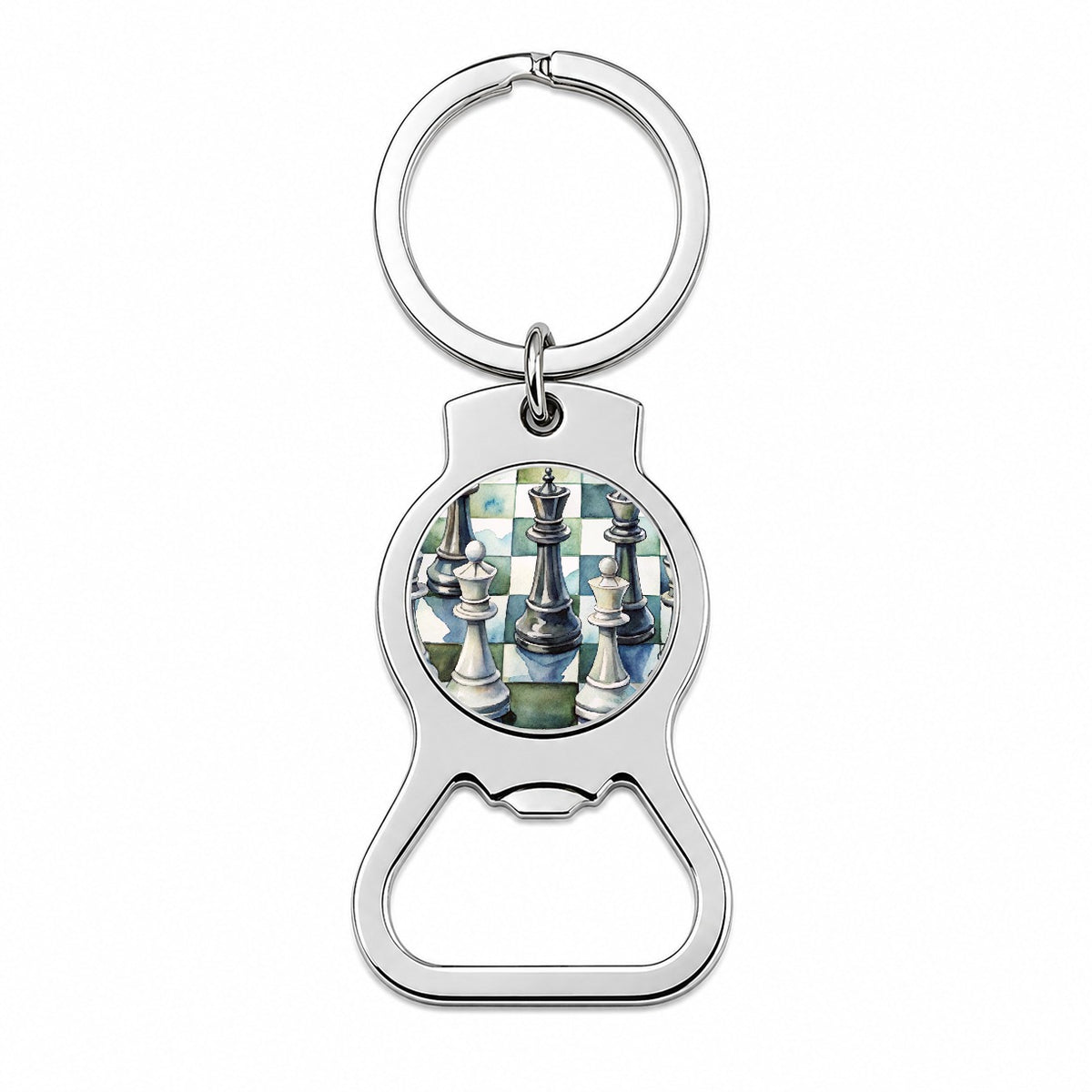 Black White Chess Pieces Watercolor Bottle Opener Keychain