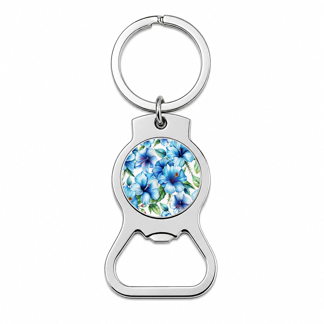 Blue Hibiscus Flowers Watercolor Bottle Opener Keychain