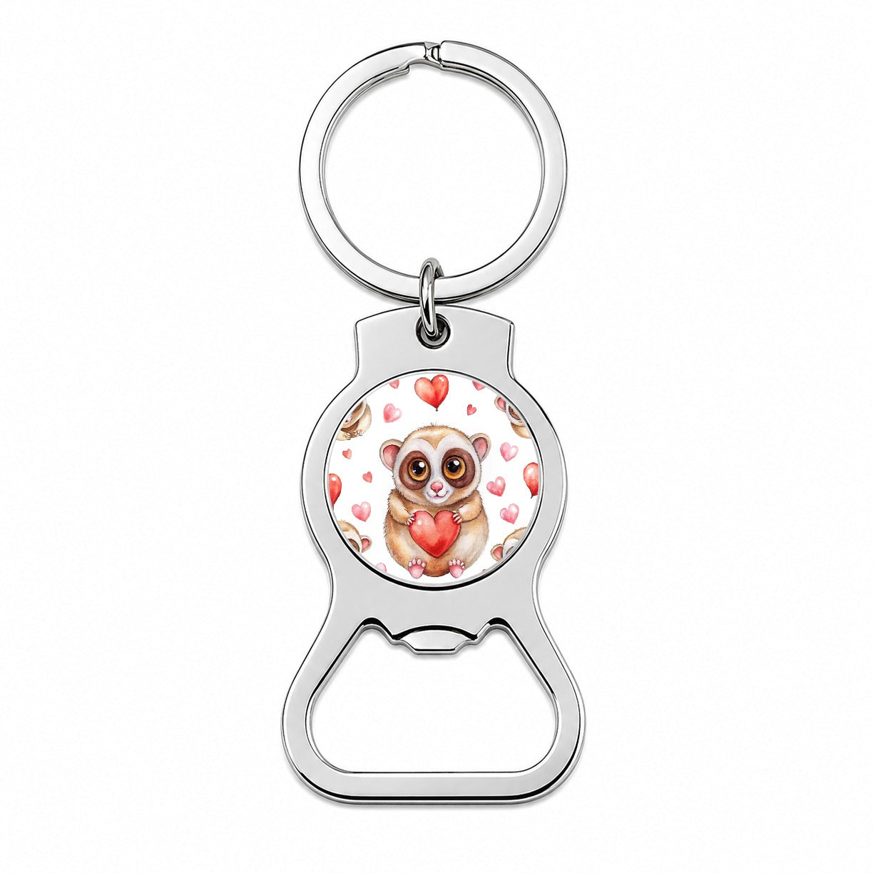 Chibi Slow Loris And Hearts Watercolor Bottle Opener Keychain