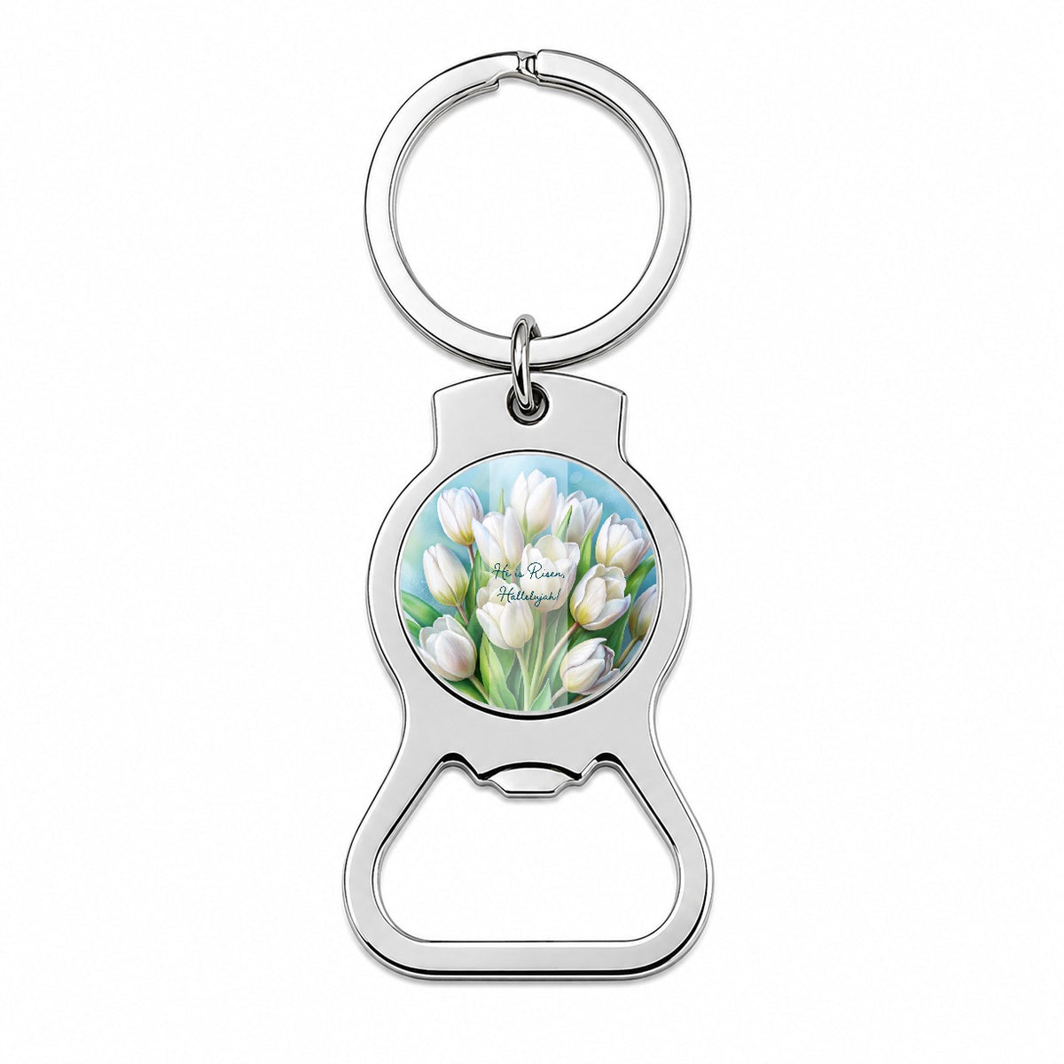 He Is Risen Hallelujah Easter Christian White Tulips Flowers Bottle Opener Keychain
