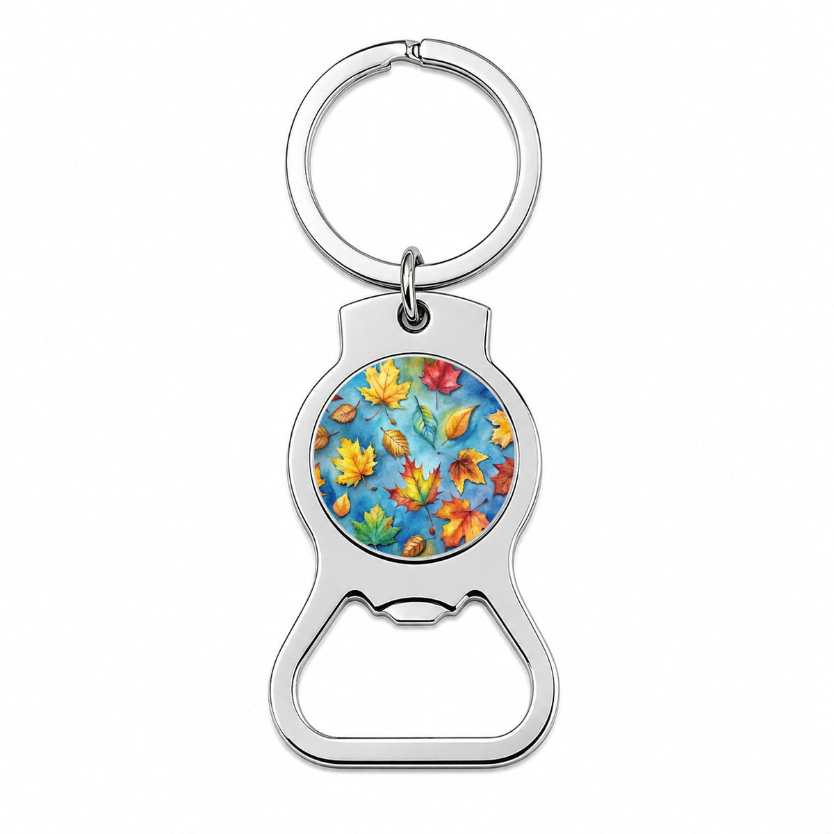 Leaves Blue Background Watercolor Bottle Opener Keychain
