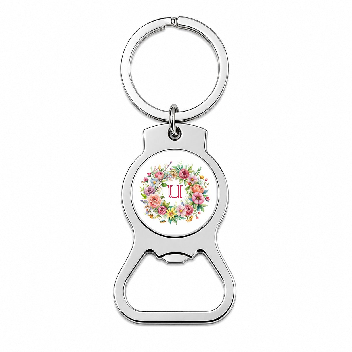 Letter U Initial Monogram Flowers Floral Bottle Opener Keychain