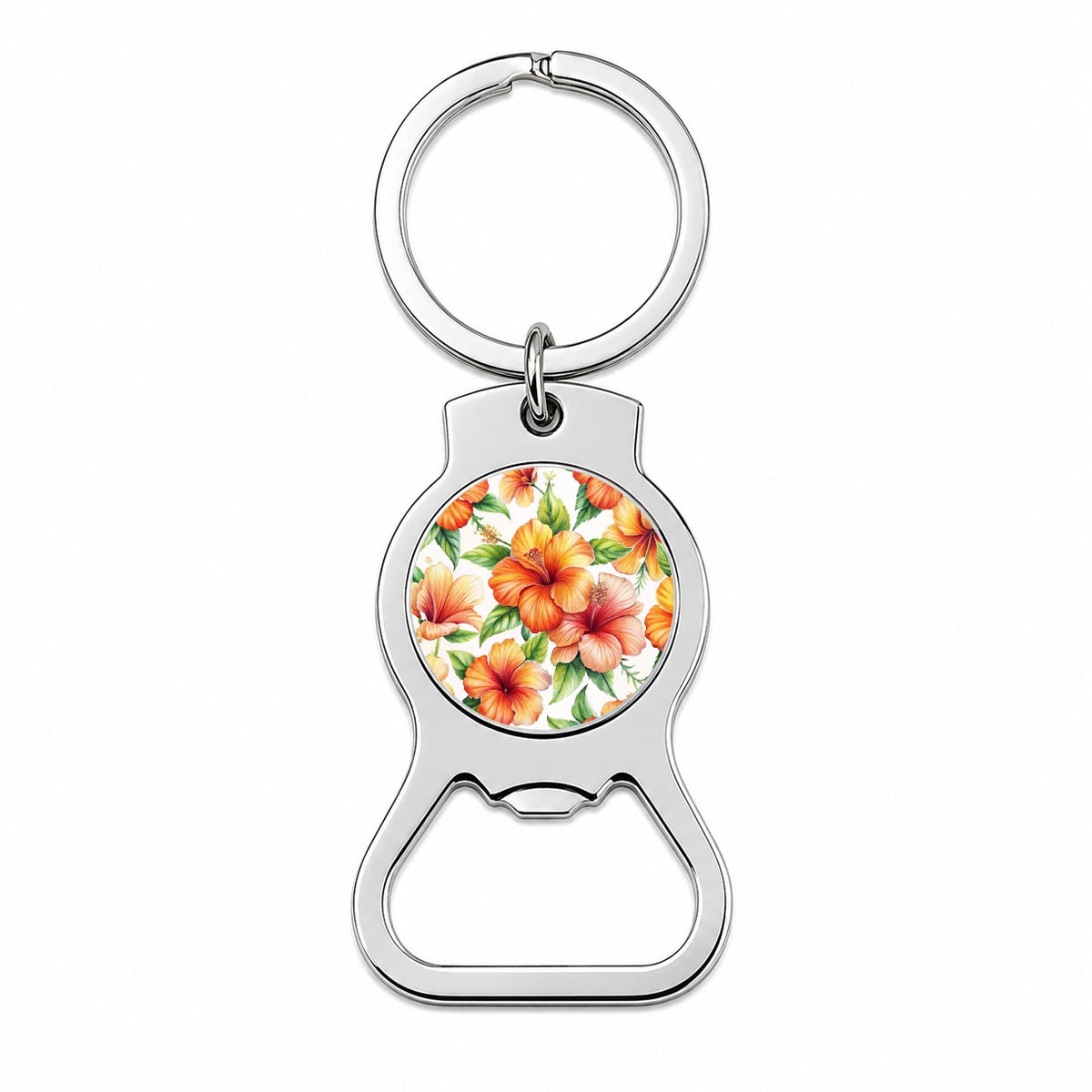 Orange Hibiscus Flowers Watercolor Bottle Opener Keychain
