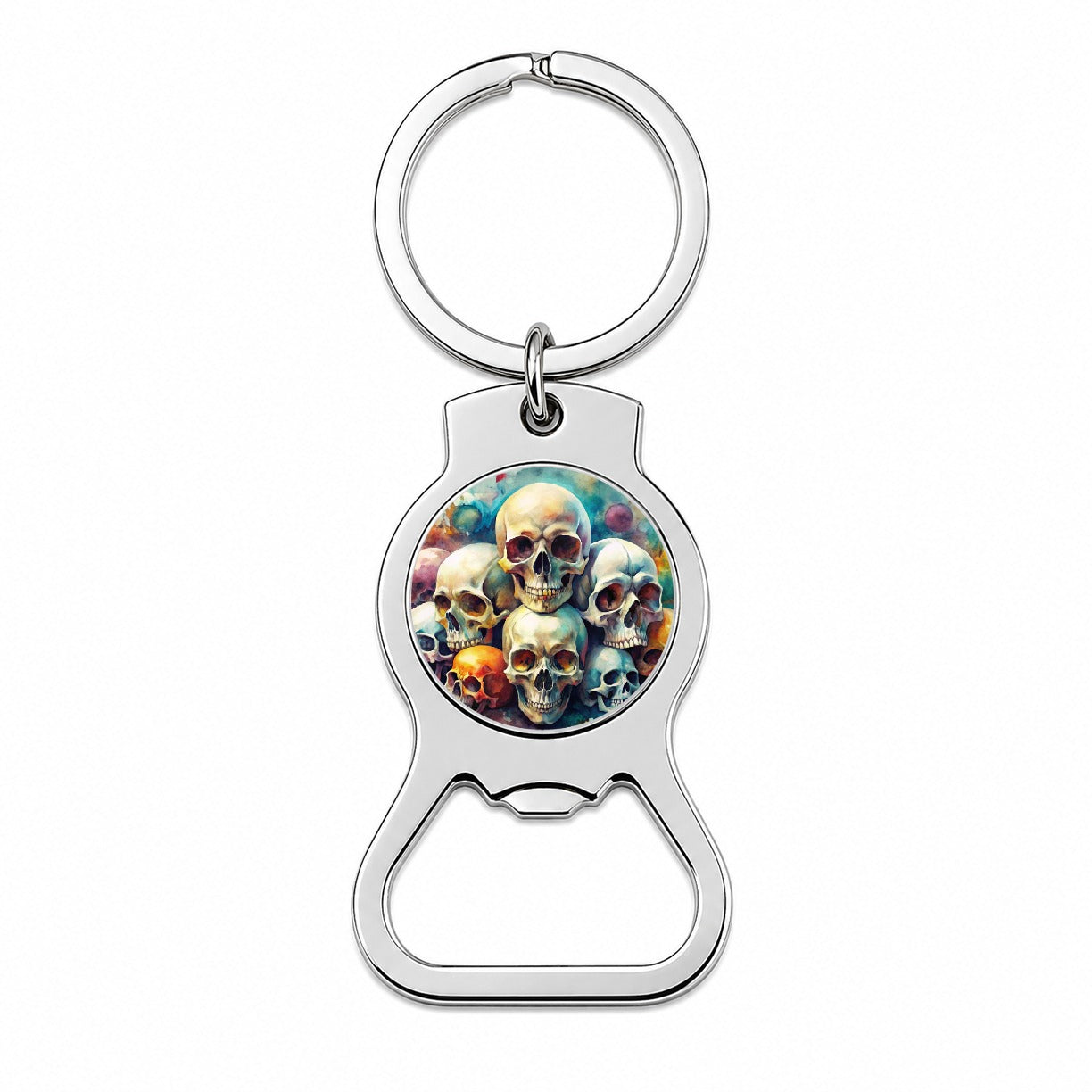 Overlapping Skulls Watercolor Bottle Opener Keychain
