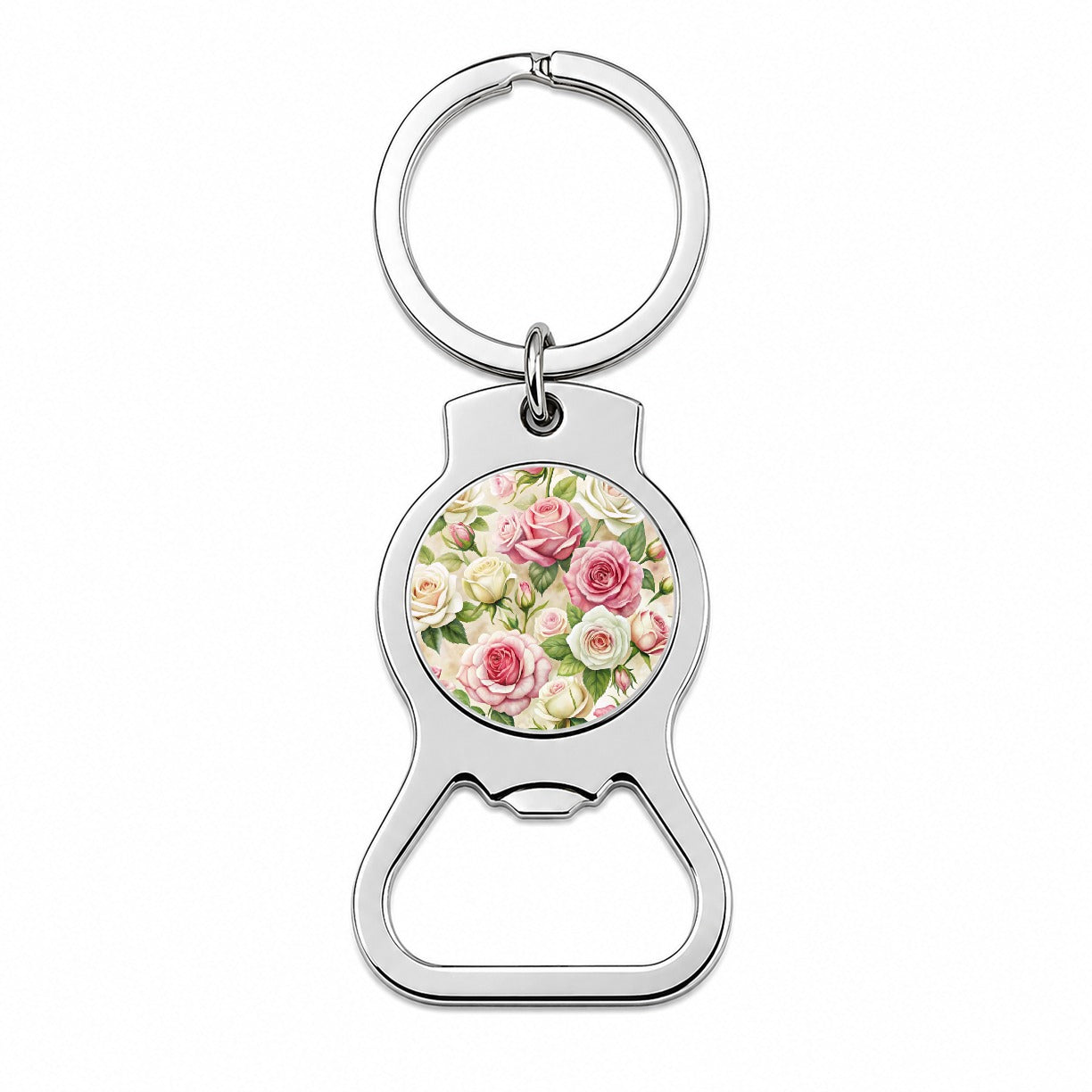 Pink White Roses Flowers Watercolor Bottle Opener Keychain