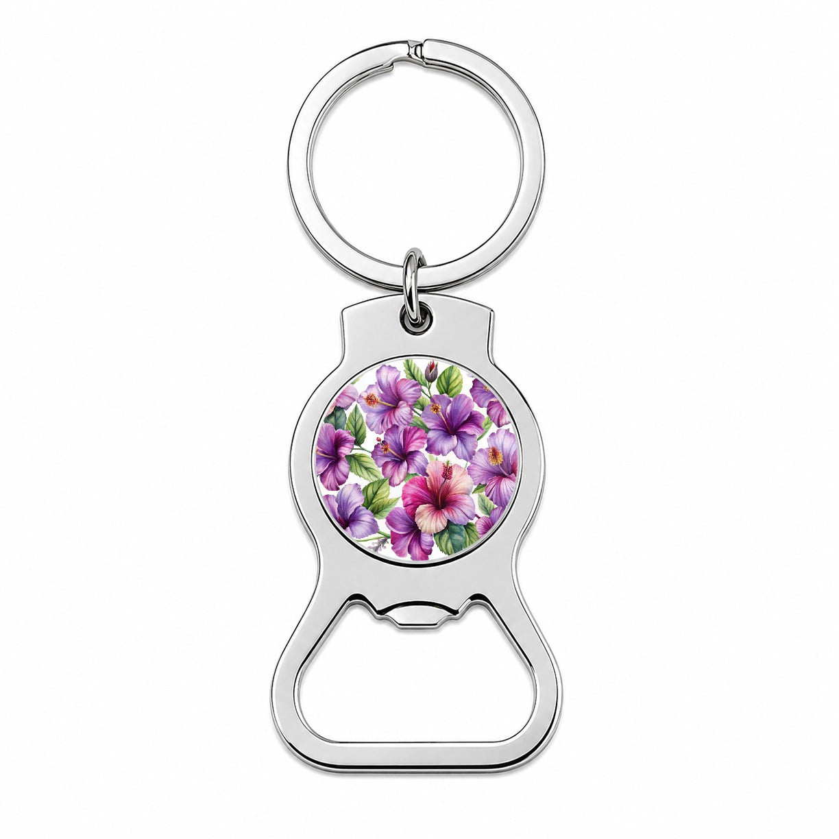 Purple Hibiscus Flowers Watercolor Bottle Opener Keychain